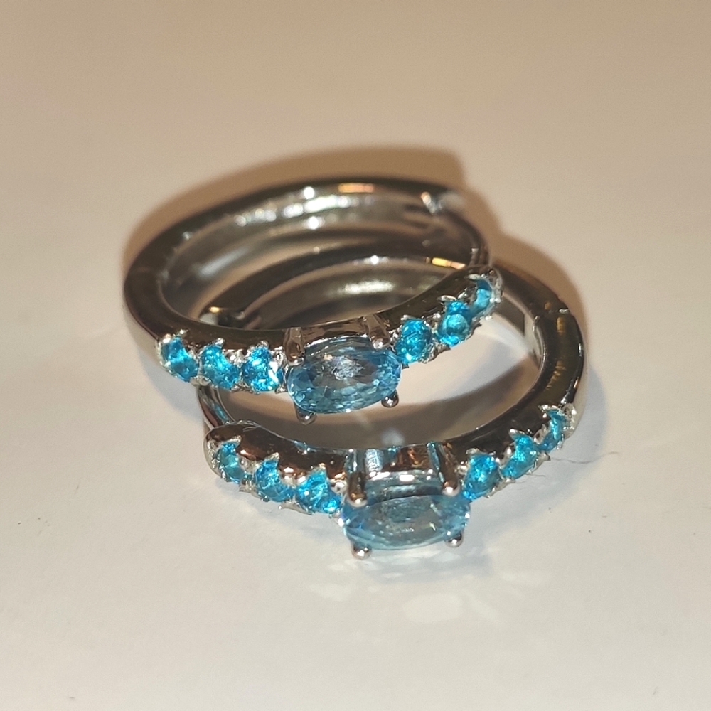 NATURAL Blue Zircon And Apatite 925 Sterling Silver Earrings Hoops - Picture 5 of 13